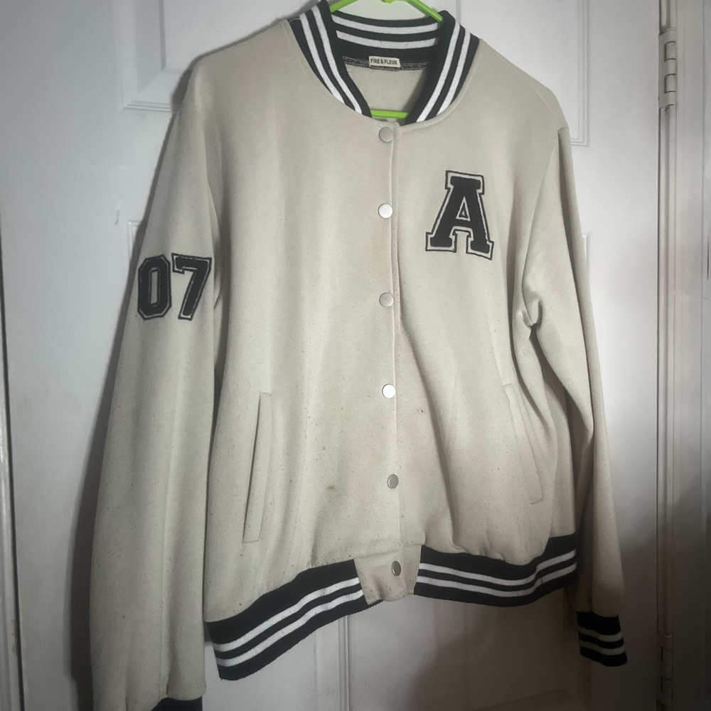 Cream Varsity Jacket with Black Accents